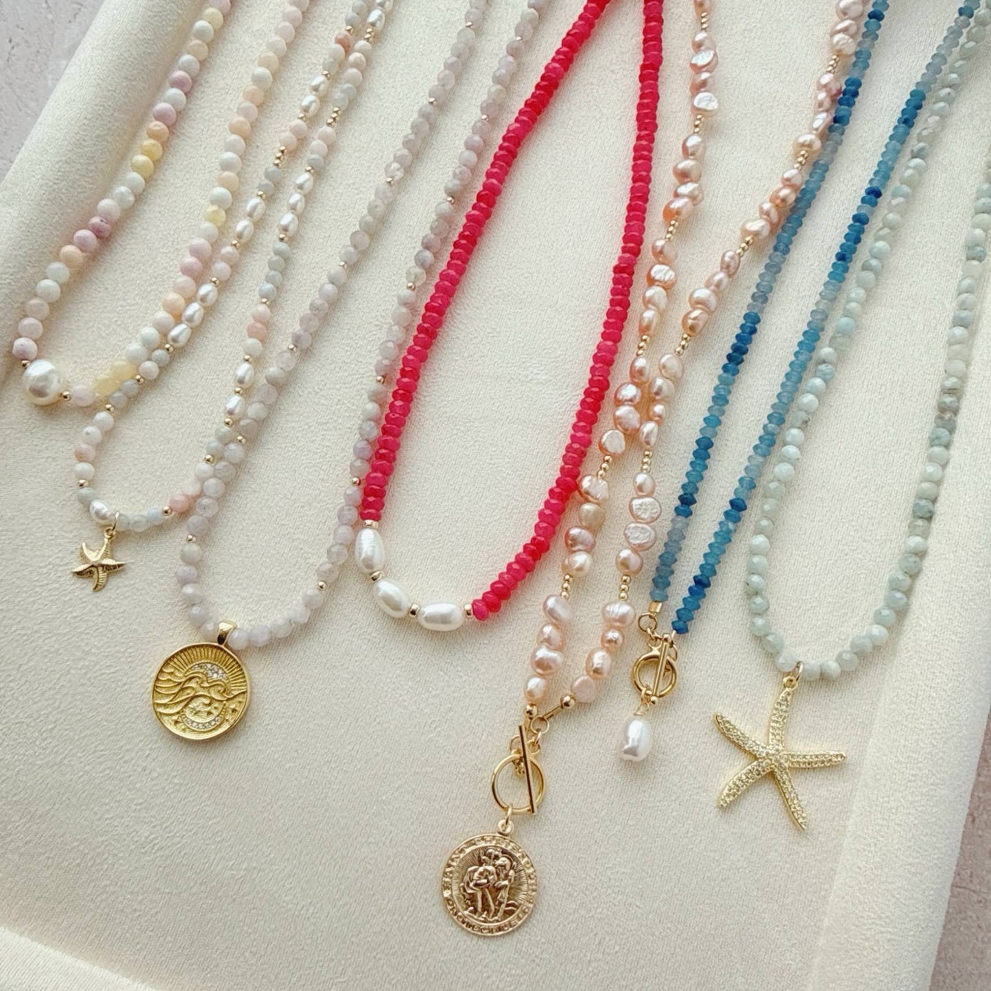 Sunset Pink Freshwater Pearl Beaded Necklace Gold Filled