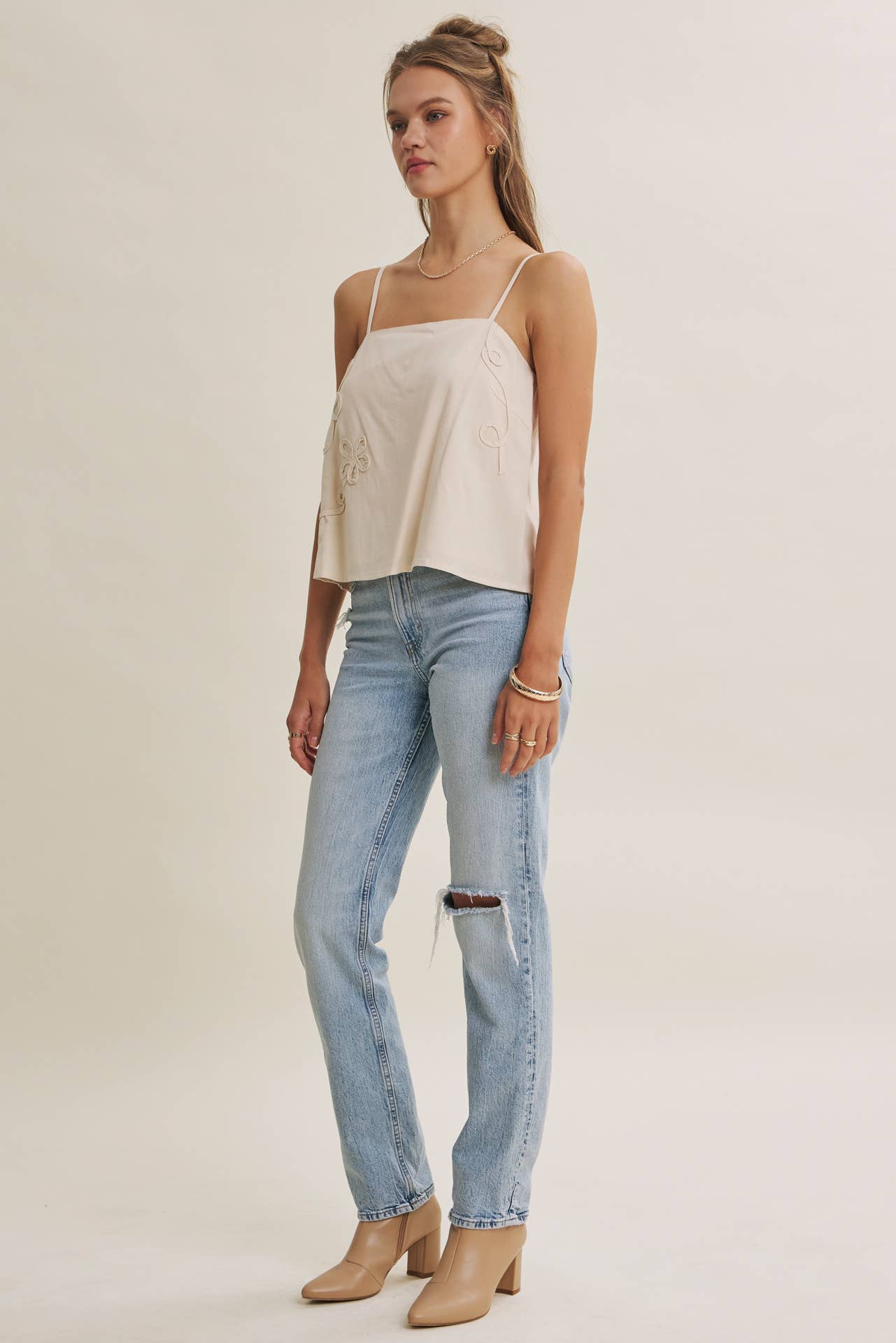 Luxury Linen Floral Applique Tank Top