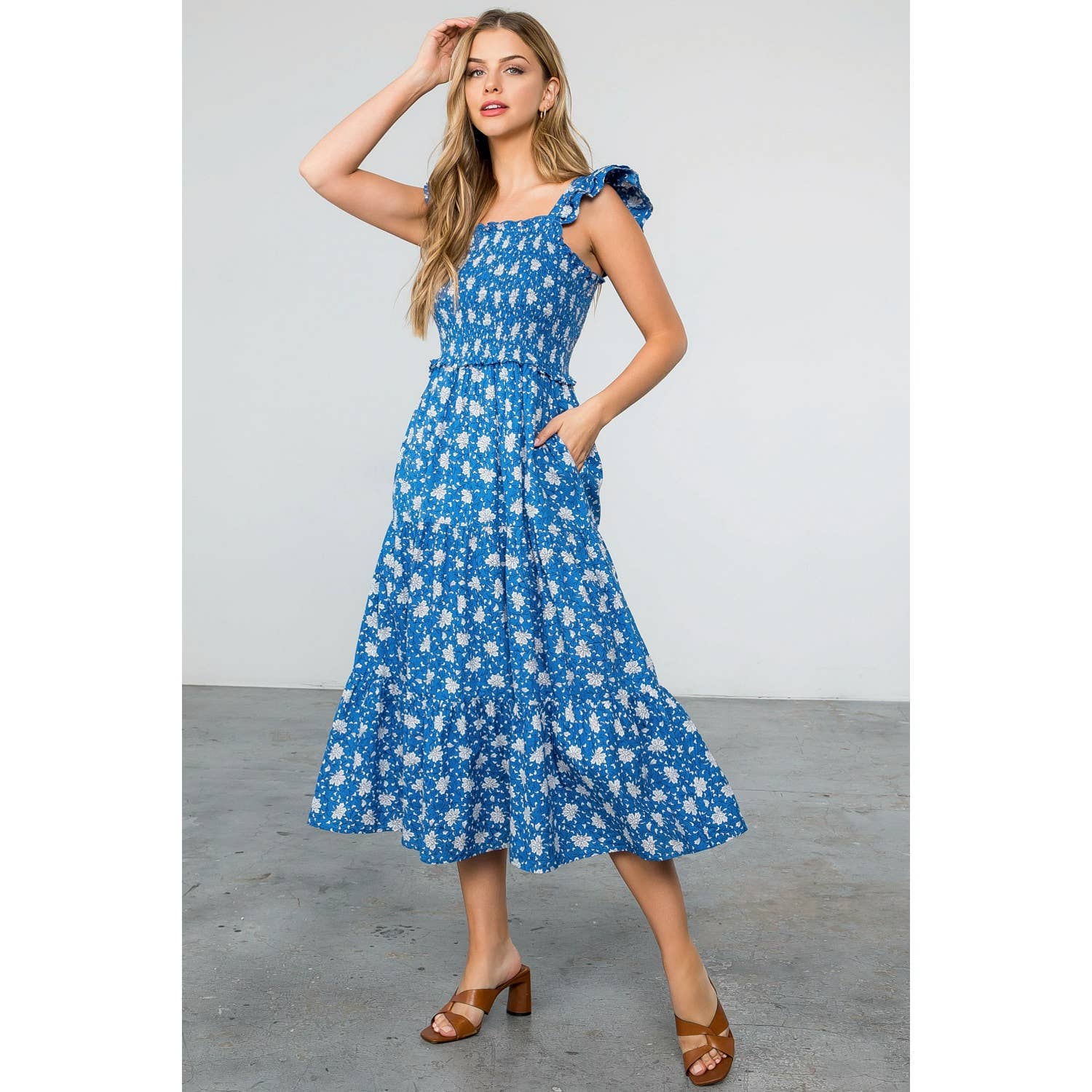 Smocked Tiered Flower Print Dress 