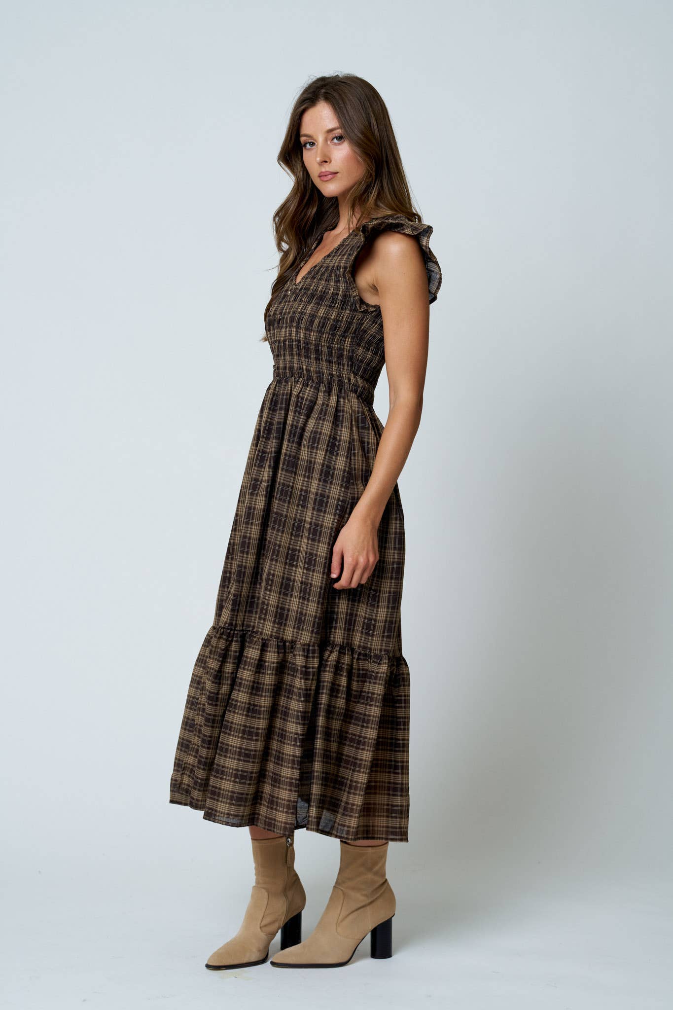 Plaid Smocked & Ruffled Midi Dress