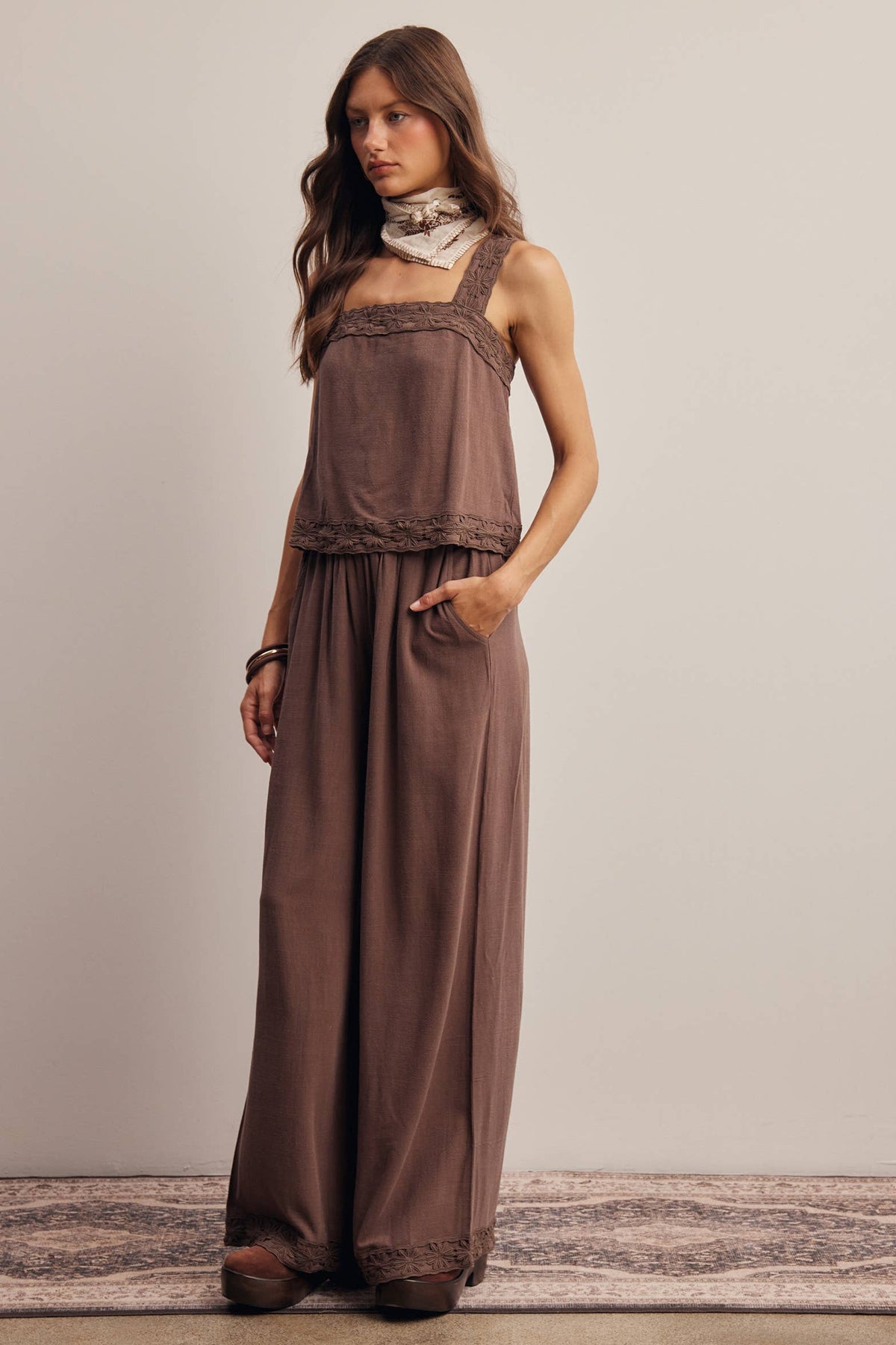 Embroidered Linen Blend Chocolate Pants