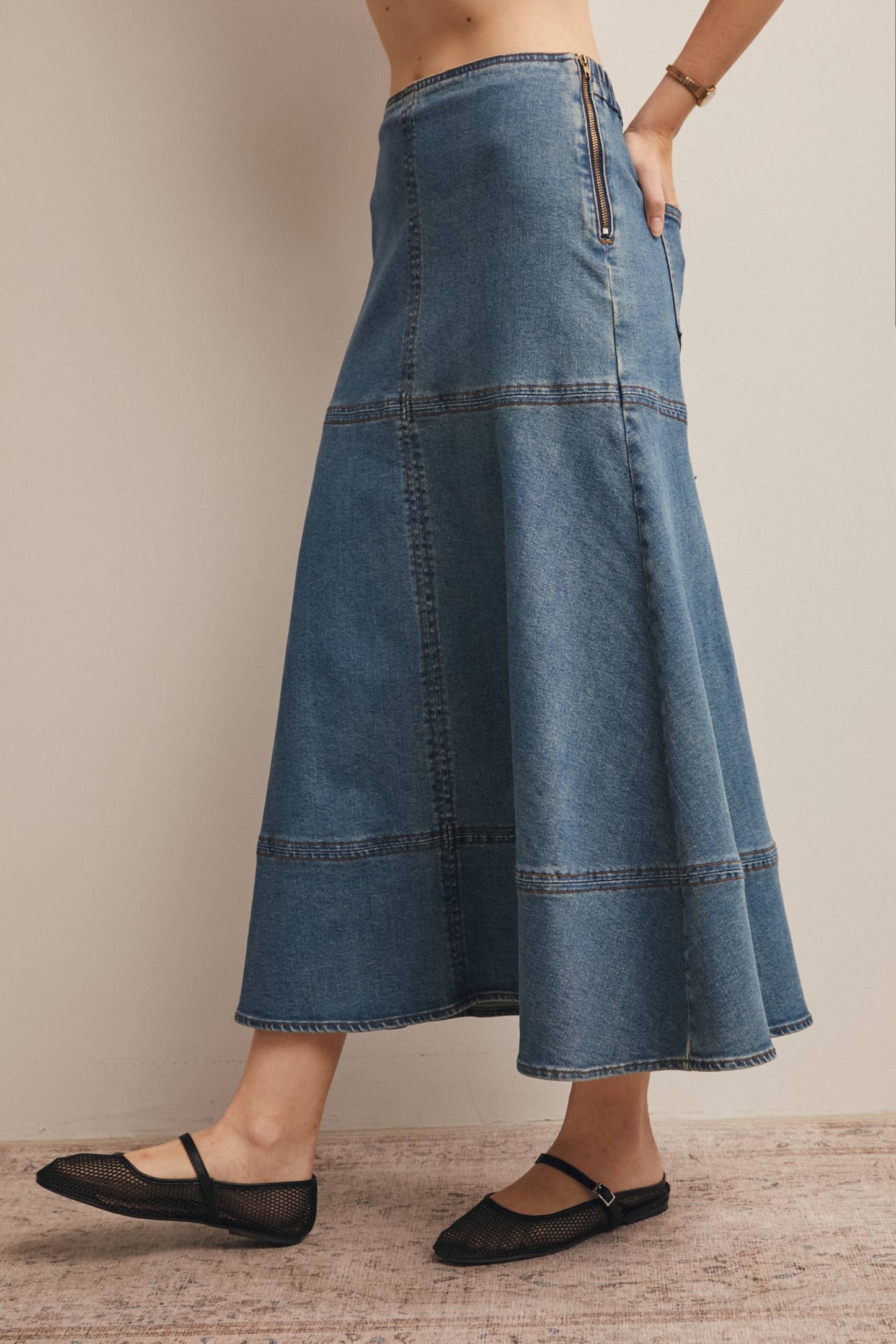 Panel Seam A-Line Denim Maxi Skirt