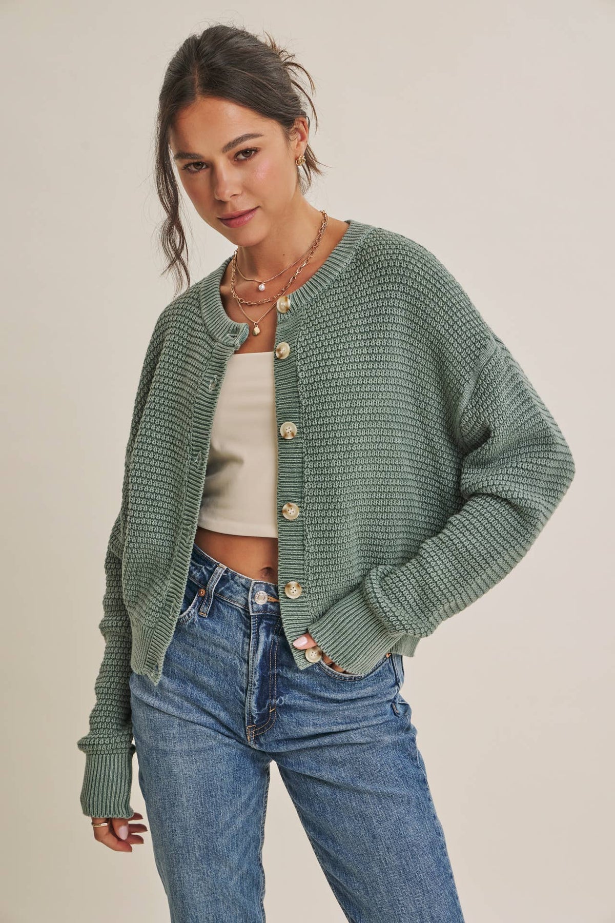 Sage Green Waffle Cardigan