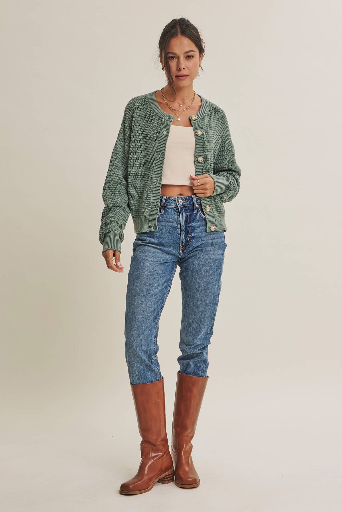 Sage Green Waffle Cardigan