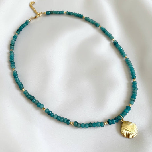 High Tide Blue Shell Beachy Beaded Necklace Gold Filled