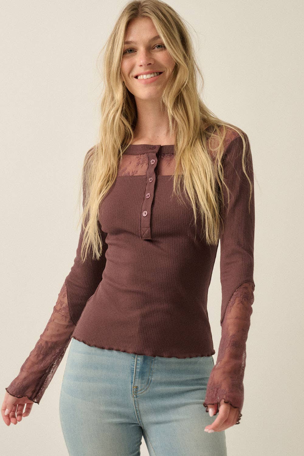 Ribbed Knit and Lace Long-Sleeve Split-Cuff Henley Top: Chocolate