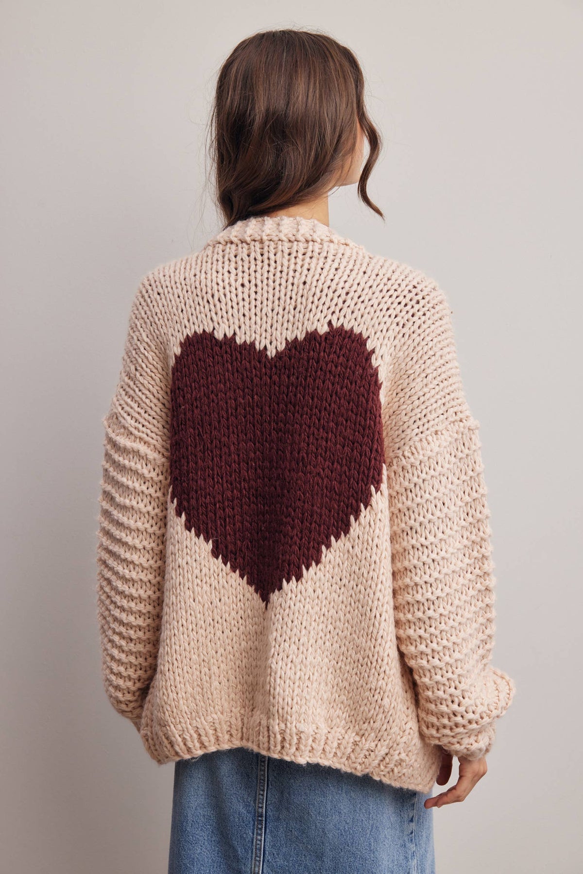 Chunky Knit Heart Back Cardigan in Blush