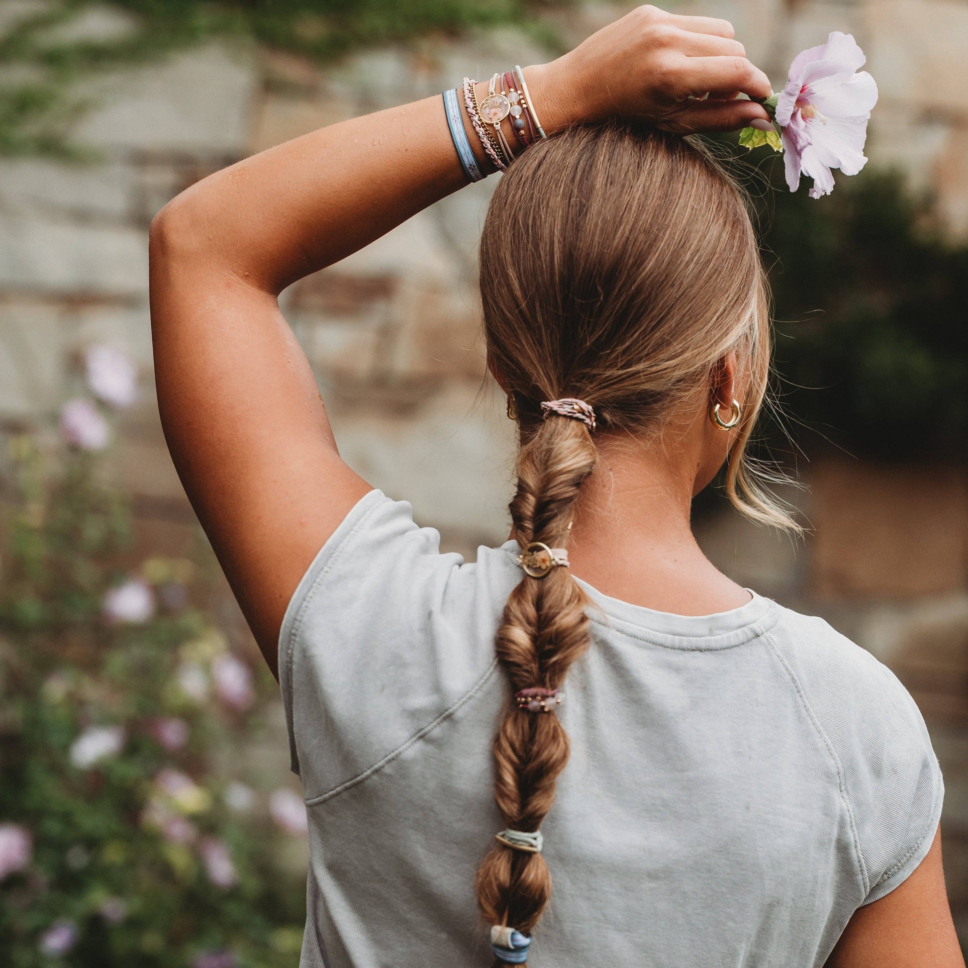 "Bloom" Maroon and Pink with Pressed Flowers Hair Tie Bracelets 