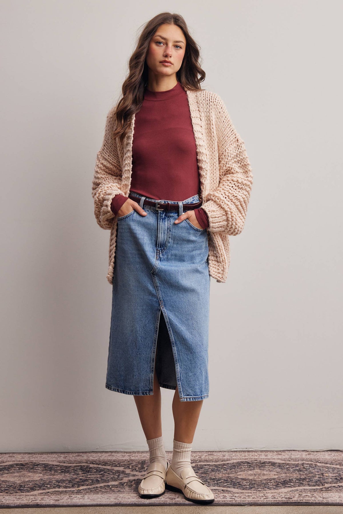 Chunky Knit Heart Back Cardigan in Blush