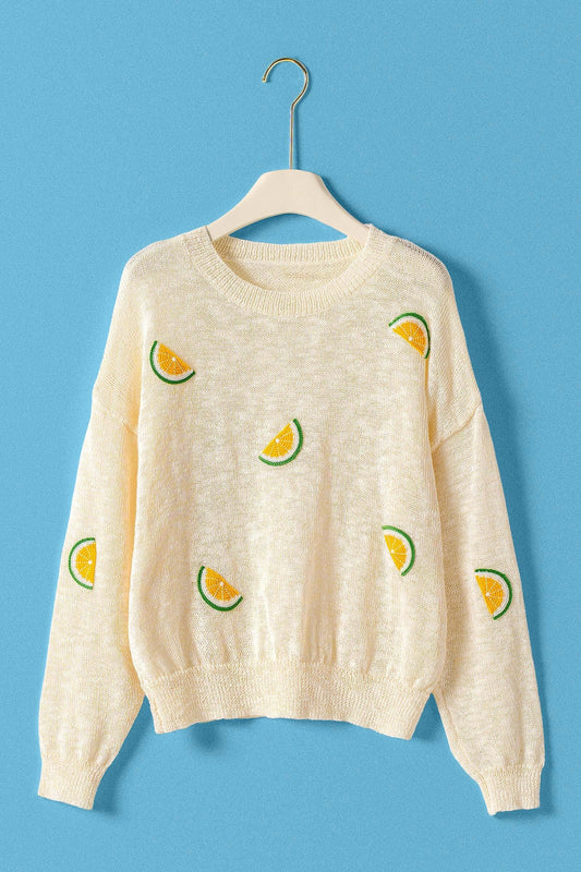 Citrus Embroidered Knit Pullover Sweater