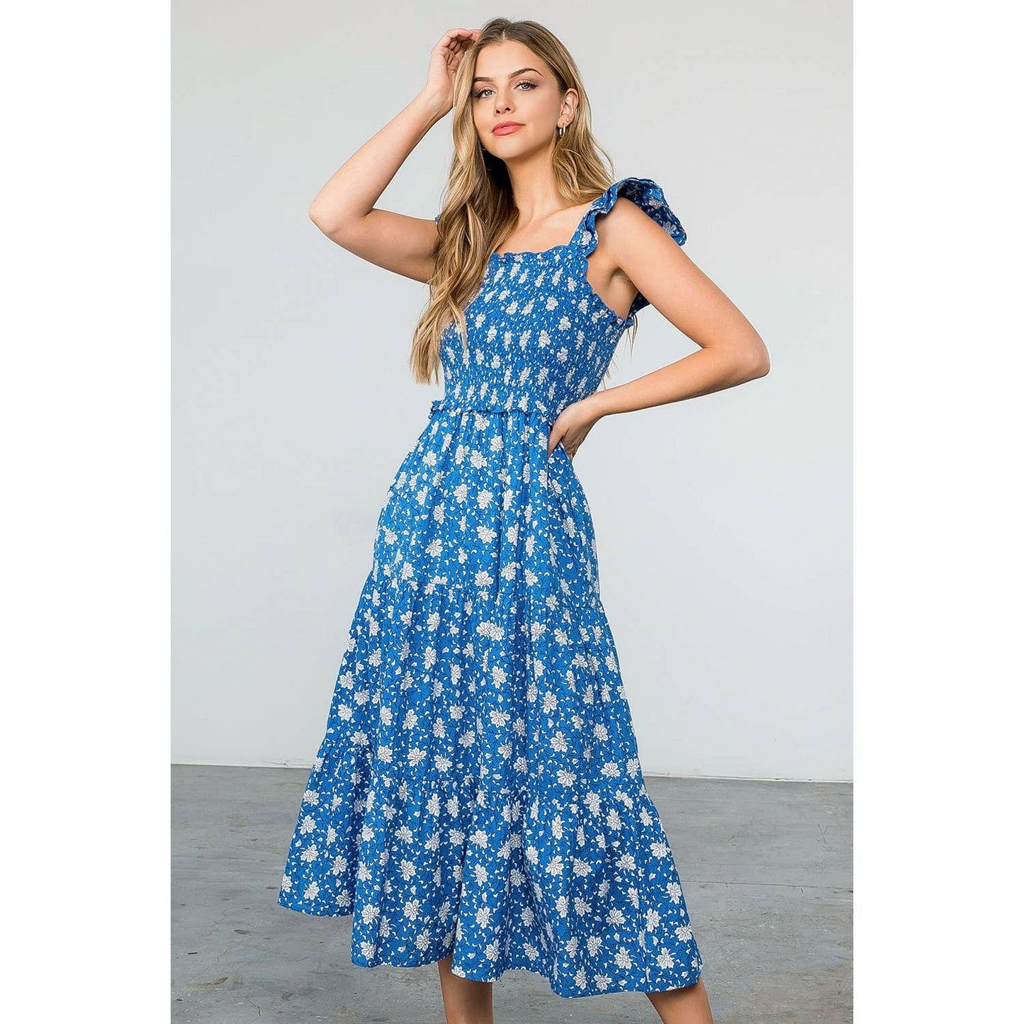 Smocked Tiered Flower Print Dress 