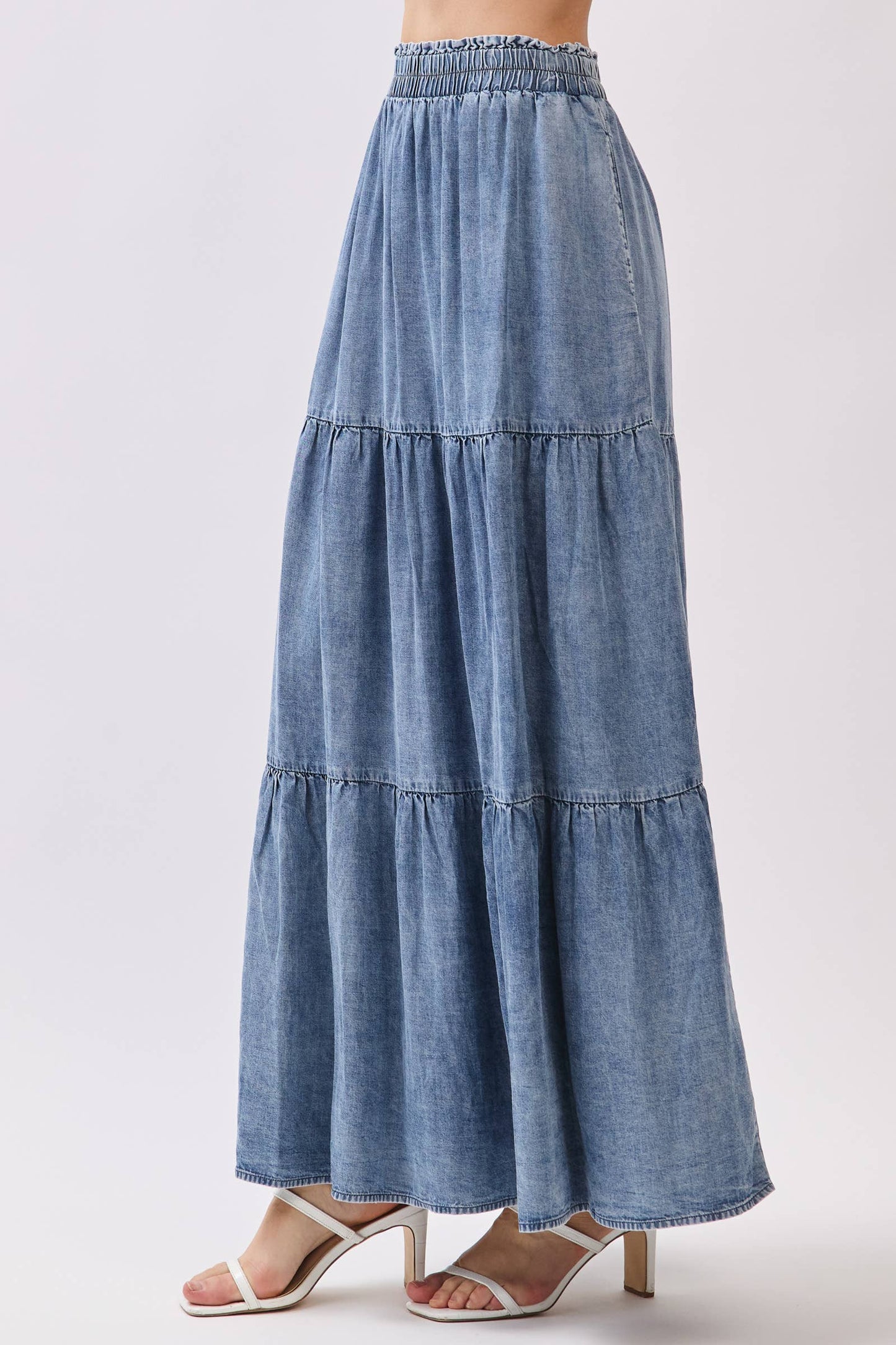 Washed Denim Tiered Maxi Skirt