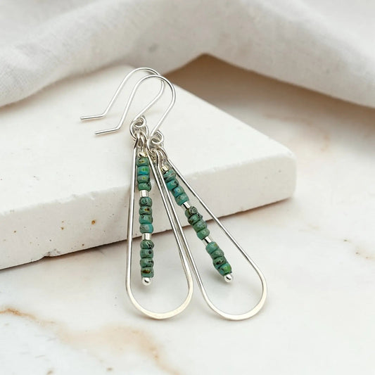 Long Silver Teardrop Hoop Earrings with Turquoise Beads 
