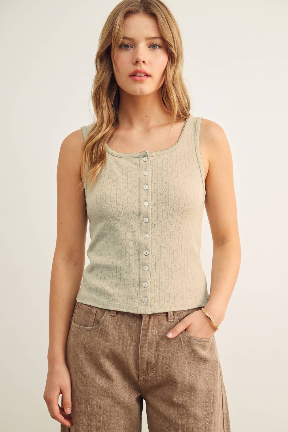 Pointelle Button Up Tank 