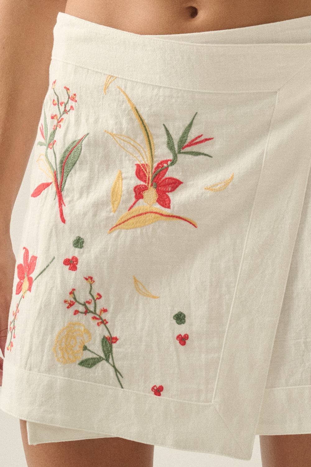 Floral-Embroidered Cotton Wrap Mini Skirt 