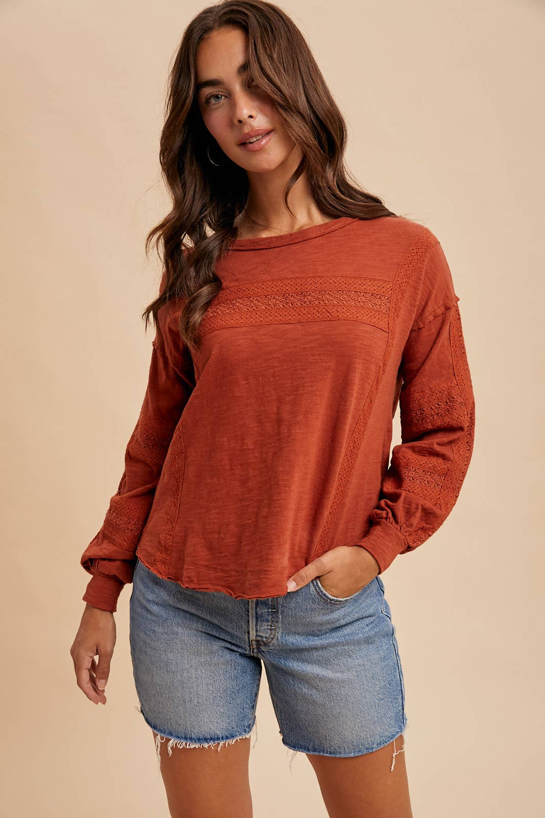 Lace Inset Long Sleeve Top