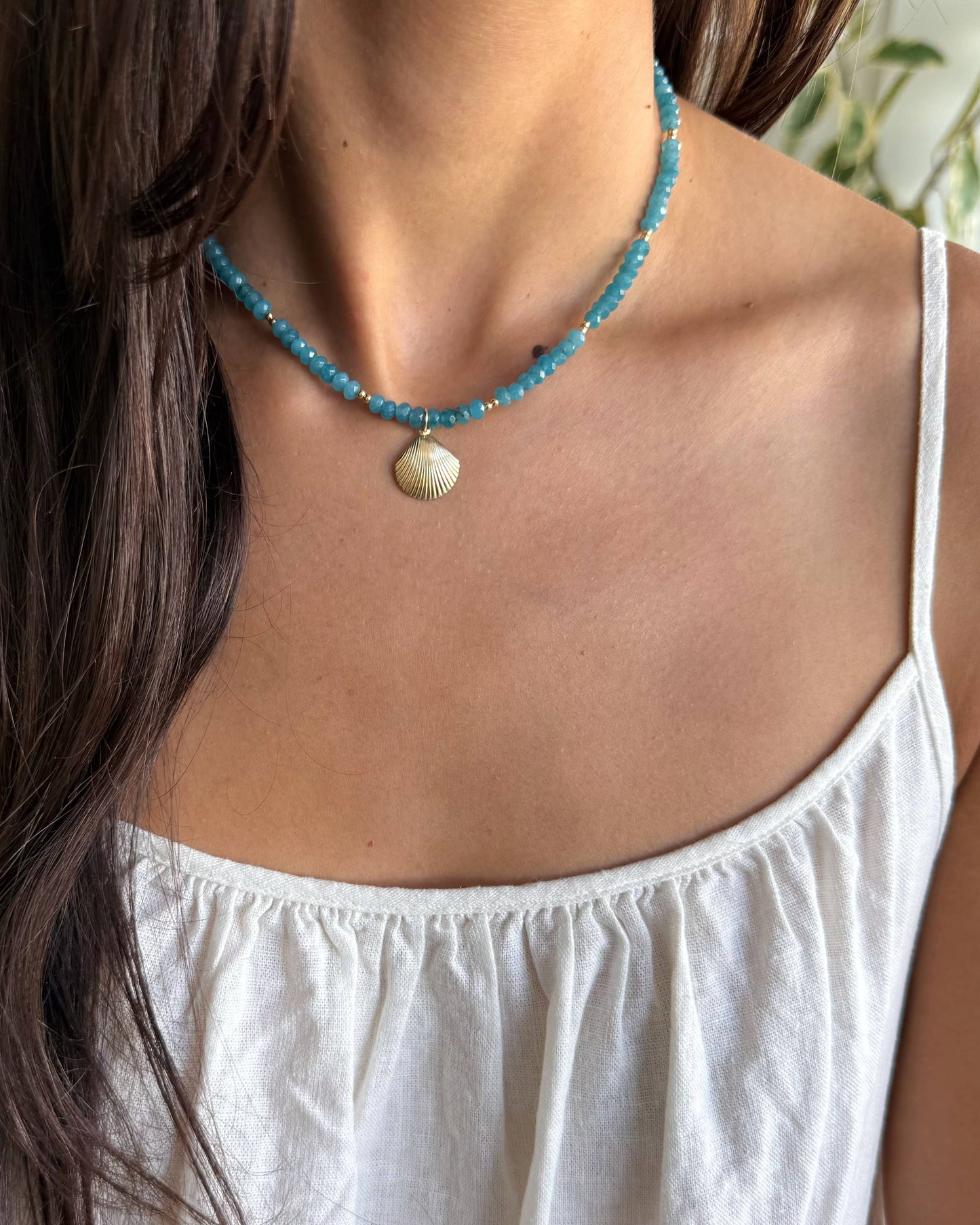 High Tide Blue Shell Beachy Beaded Necklace Gold Filled