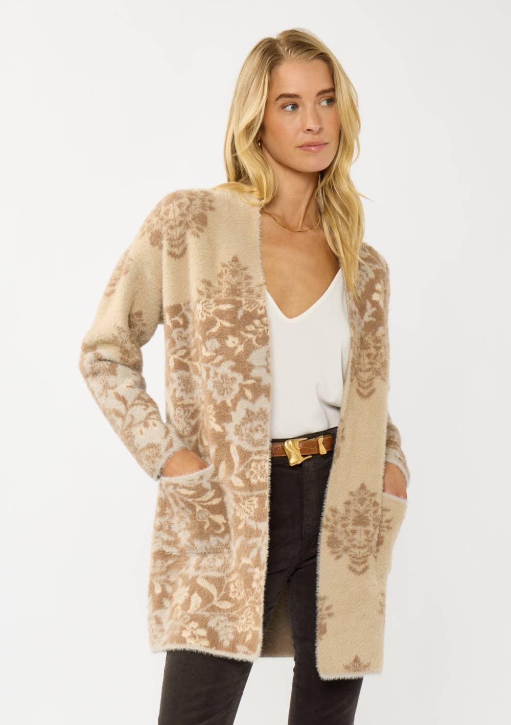 Floral Colorblock Knit Cardigan with Pockets