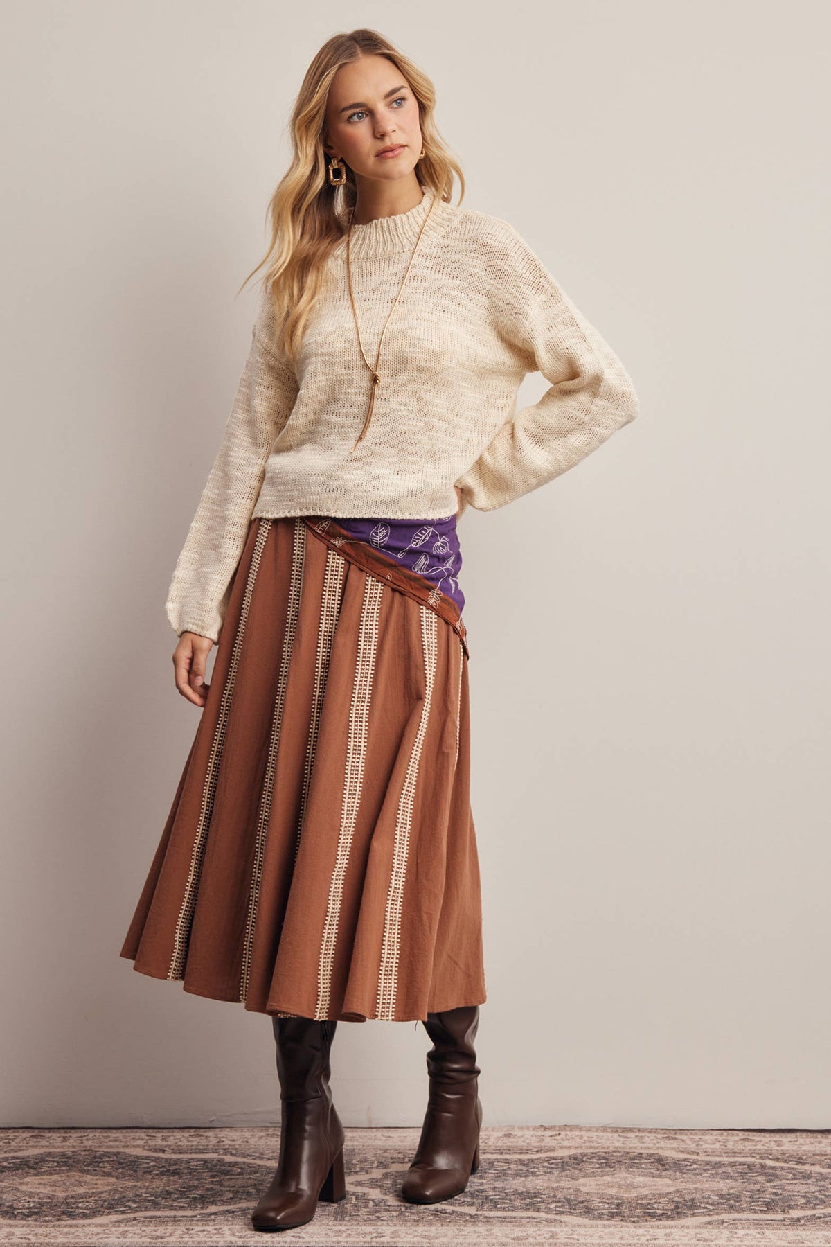 Embroidered Stripe Midi Skirt