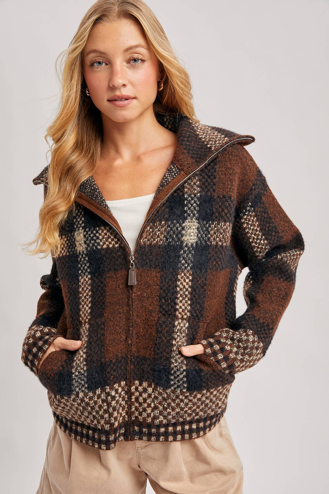 Plaid Zipper Front Wide Collar Jacket