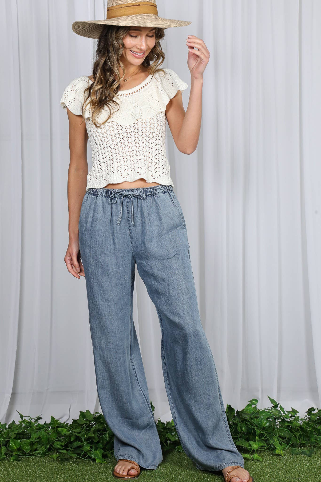 Casual Flowy Wide Leg Tencel Chambray Washed Pants