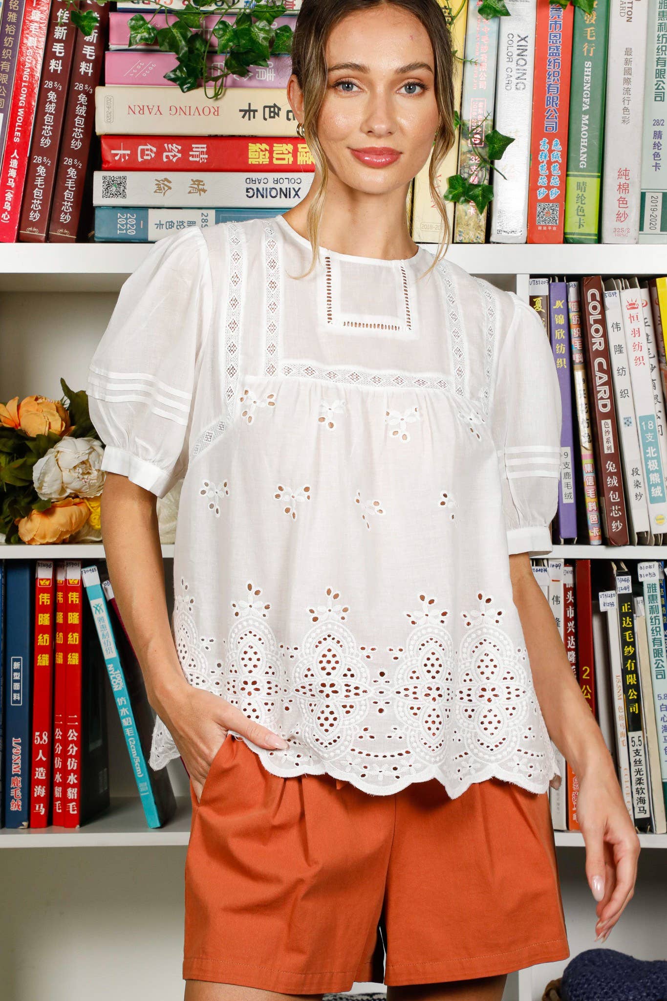 Floral Embroidery Eyelet Lace 100%Cotton Blouse