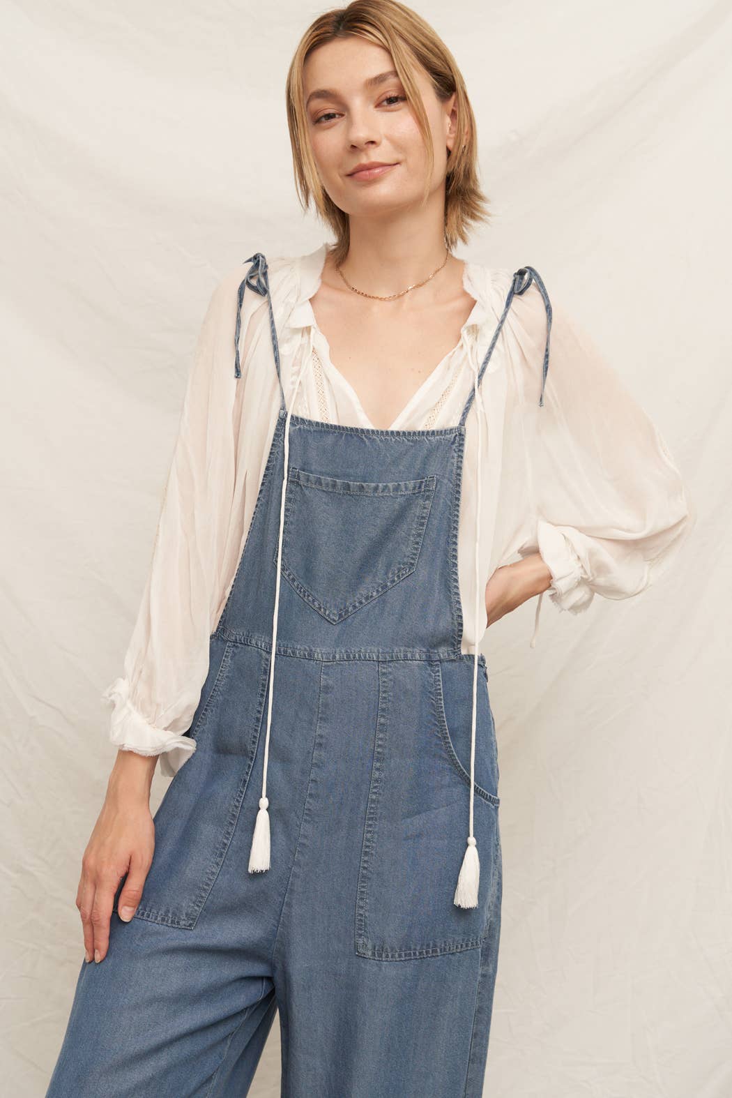Tie Shoulder Soft Denim Jumpsuit