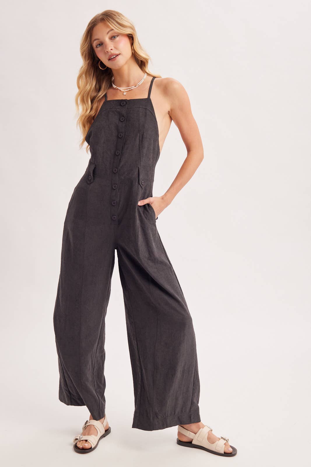 Button Down Apron Style Sleeveless Wide Leg Jumpsuit