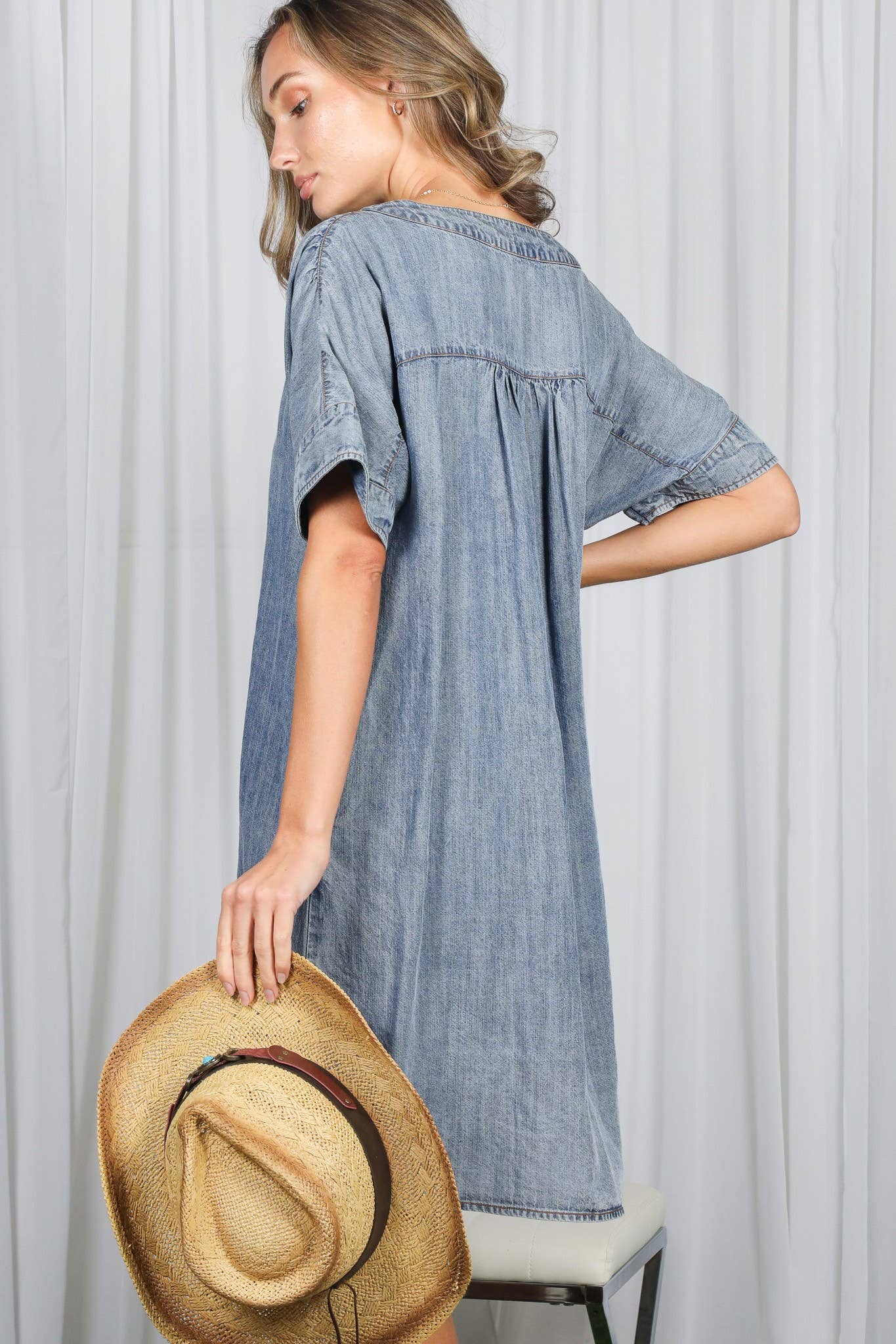 V-Neck Chambray Casual Loose Denim Dress