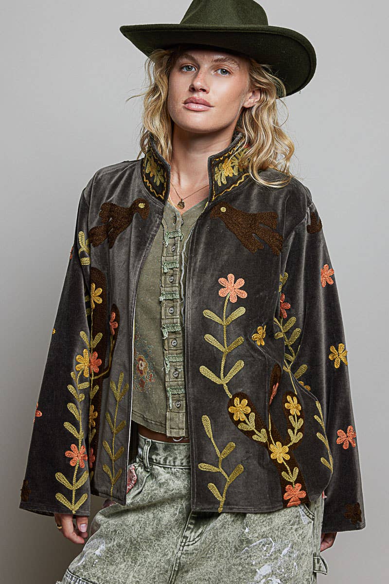Vine Embroidery Floral Open-Front Closure Velvet Jacket