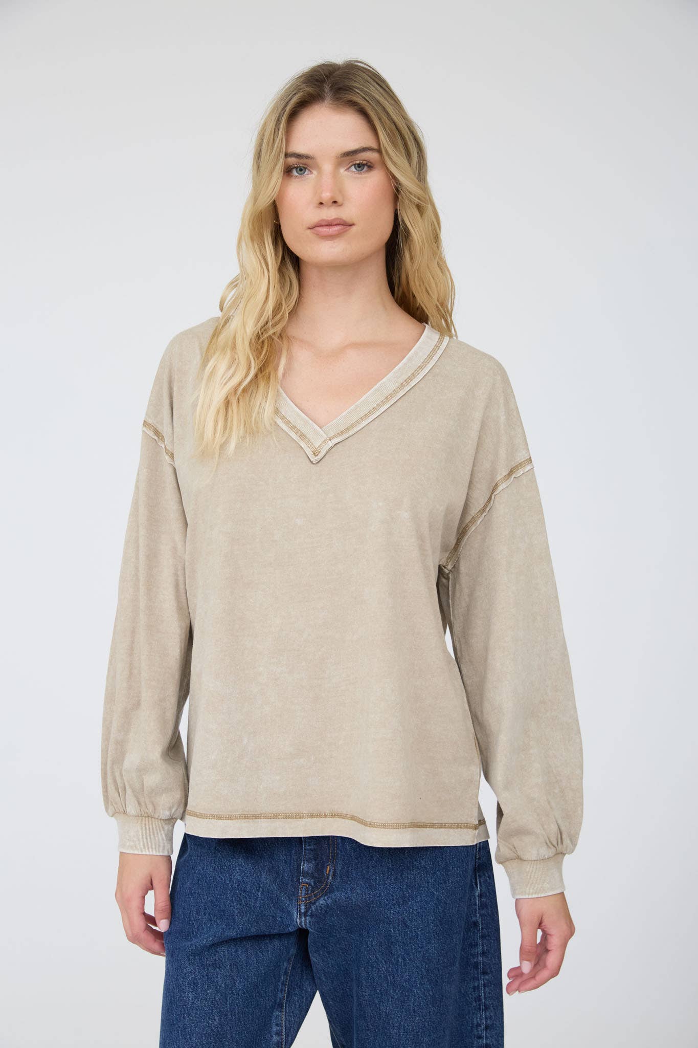 Reverse Seam Detail Long Sleeve V Neck Sweatshirt