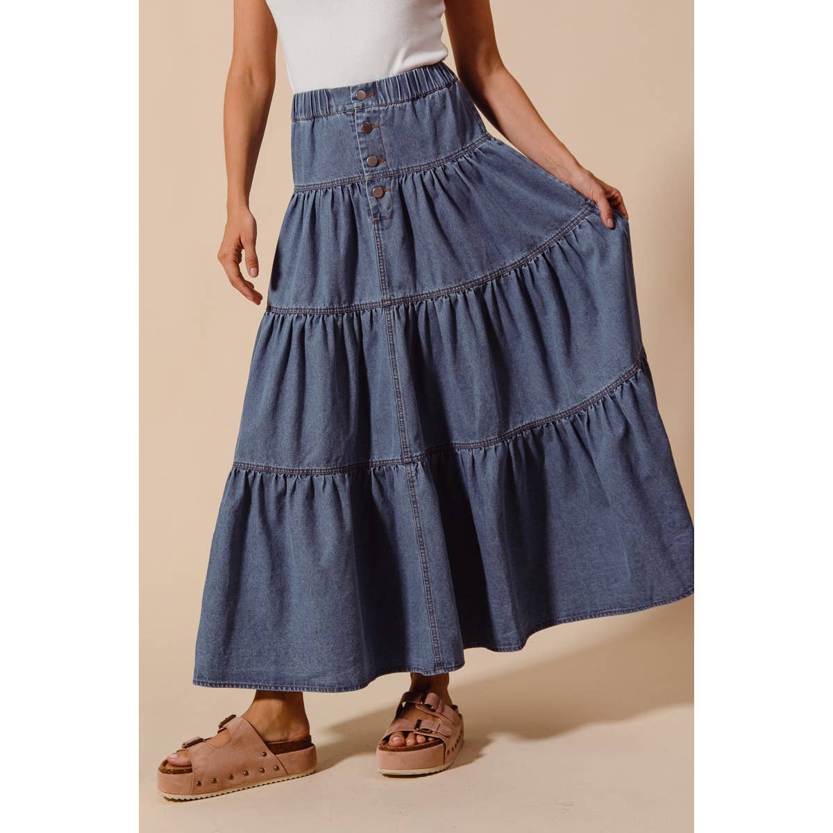 Shirred Denim Maxi Skirt