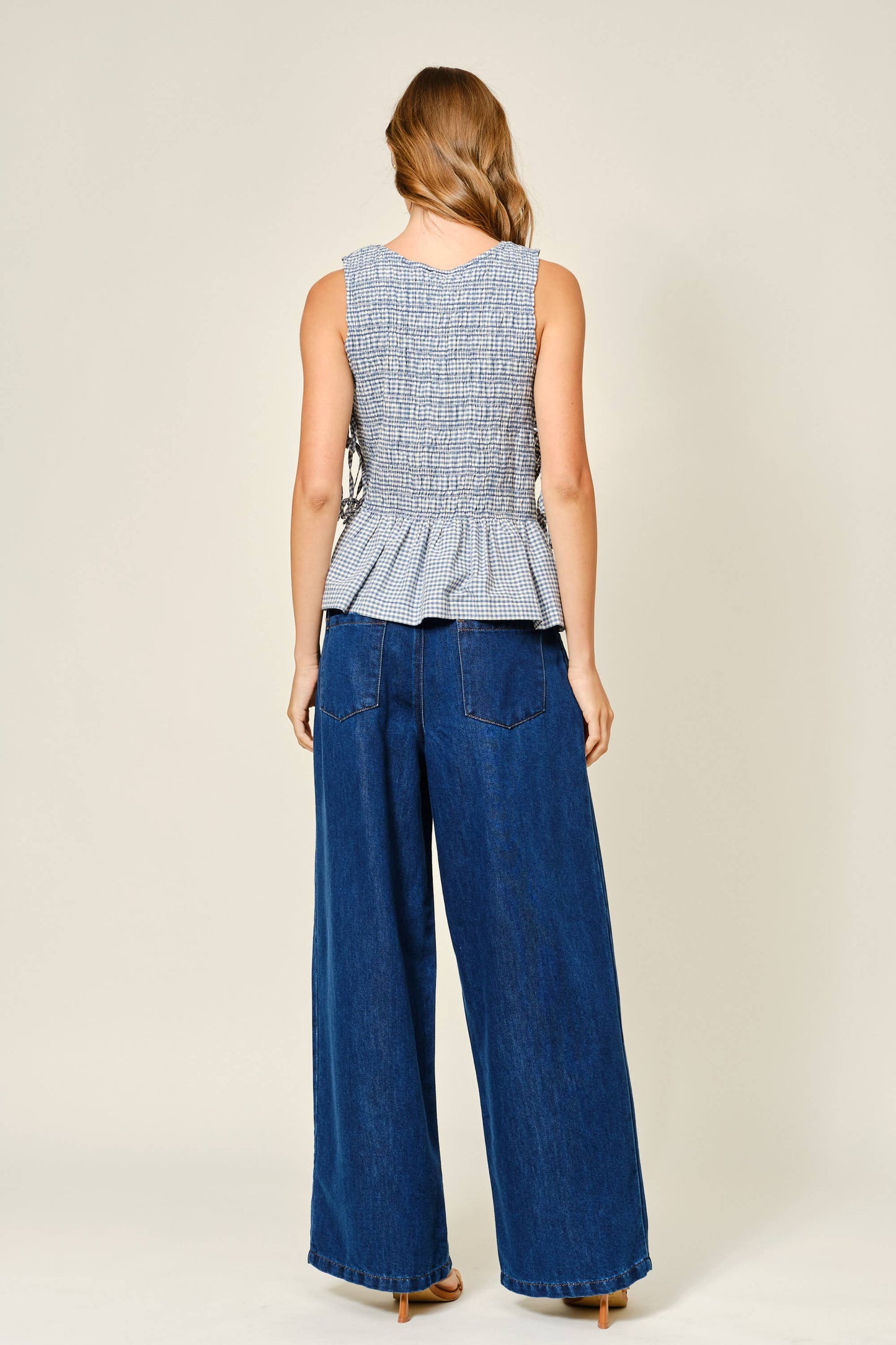 Sleeveless Denim Smocked Tie Top