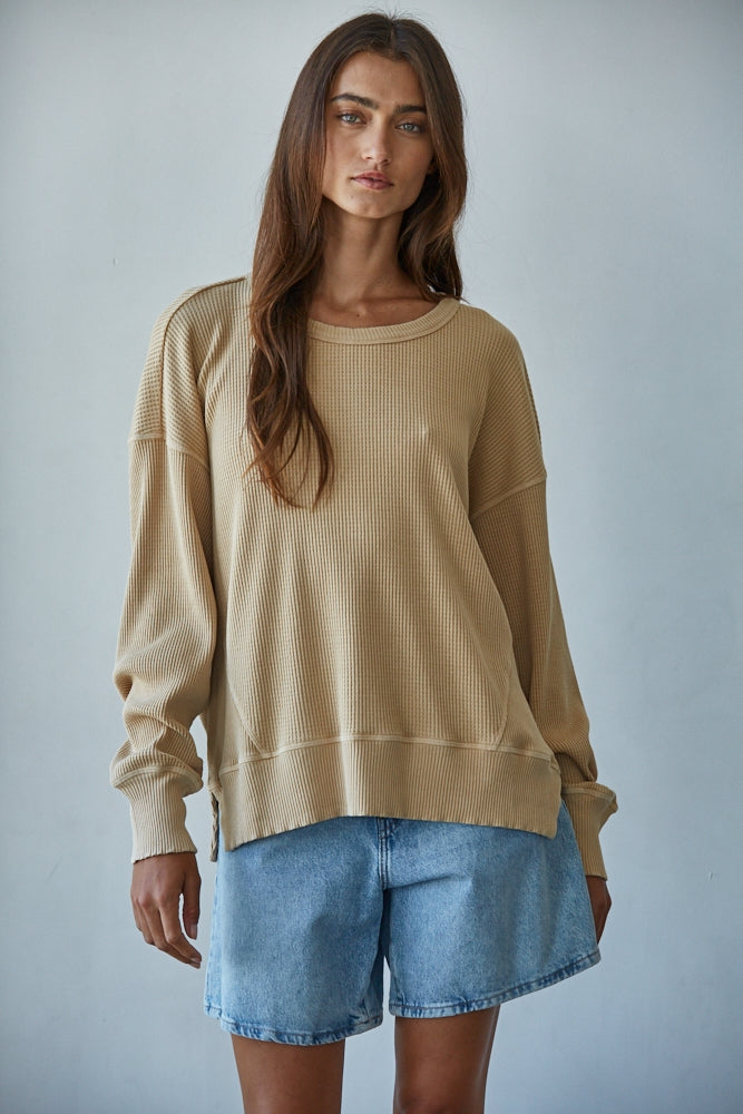 Knit Drop Shoulder Long Sleeve Top with Side Slits: Dusty Gold