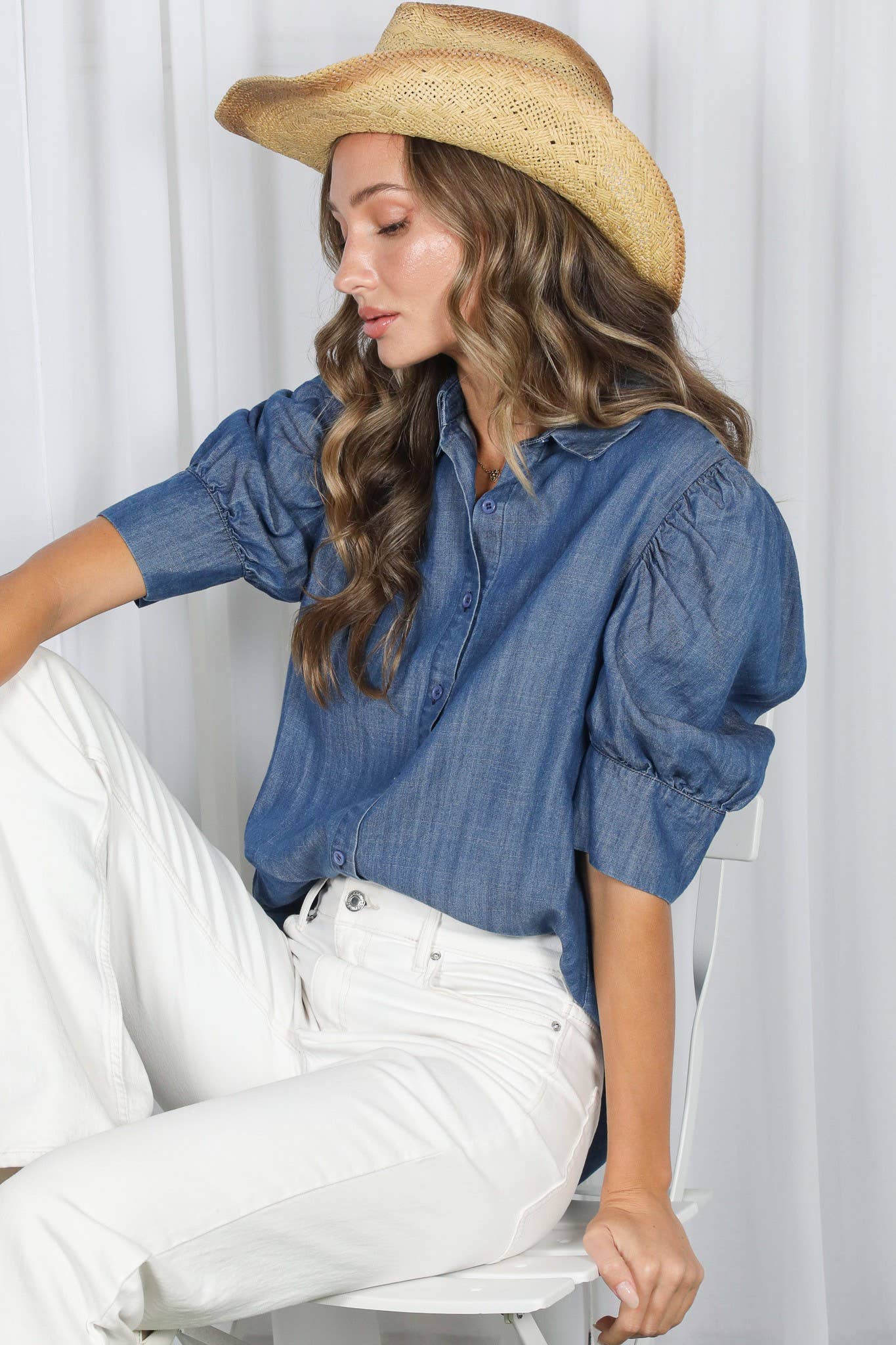 Collared Puff-Sleeve 100%Tencel Chambray Denim Shirt