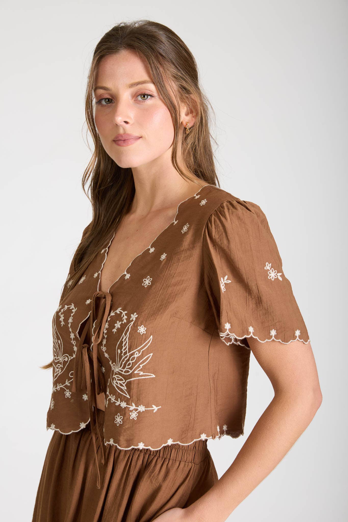 Embroidered Short Sleeve Front Tie Top