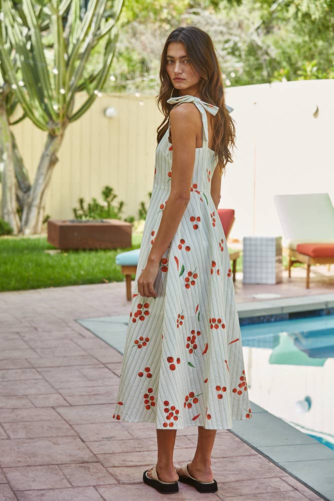 Woven Cotton Striped Veggie Print Sleeveless Maxi 