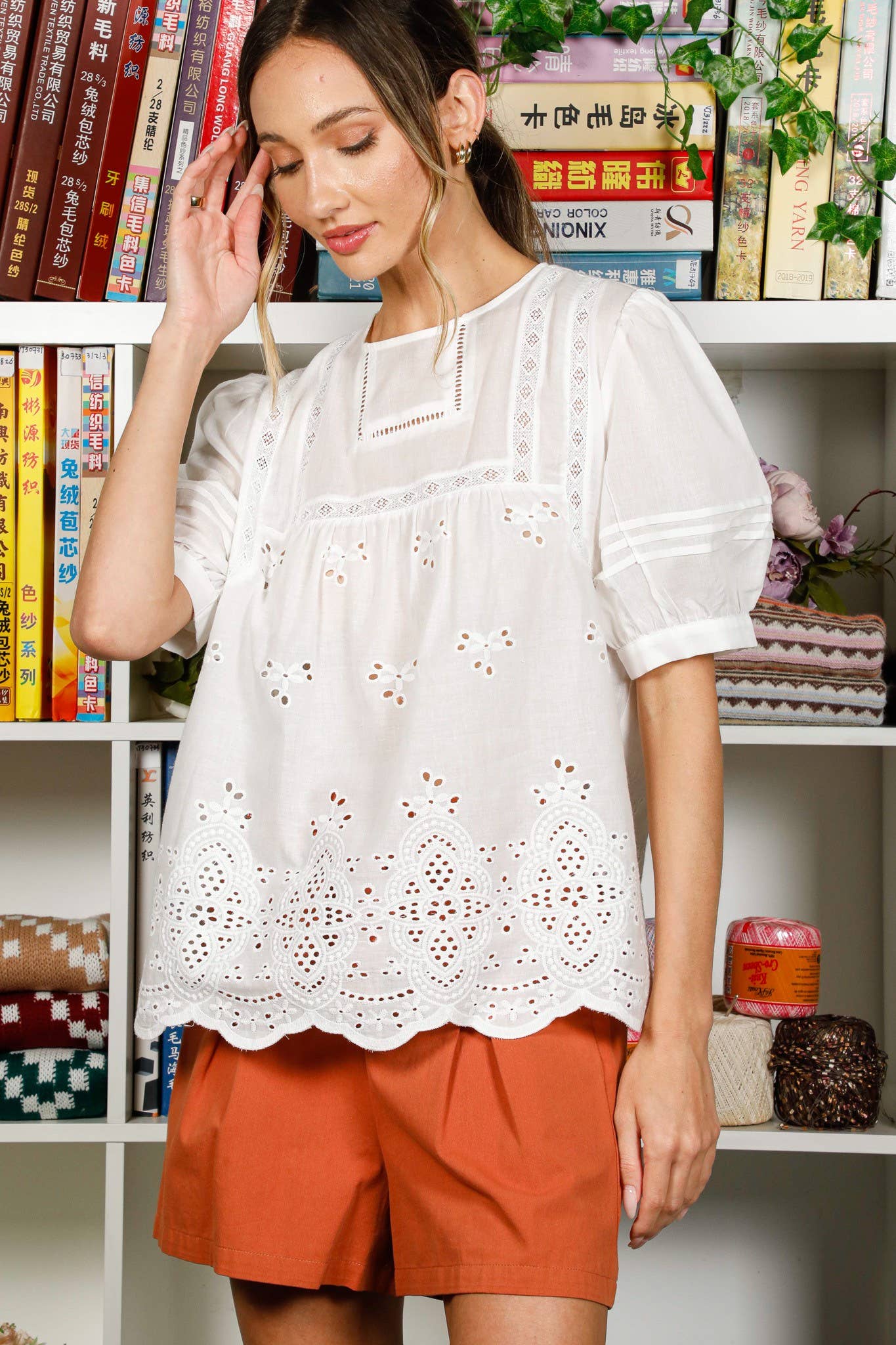 Floral Embroidery Eyelet Lace 100%Cotton Blouse
