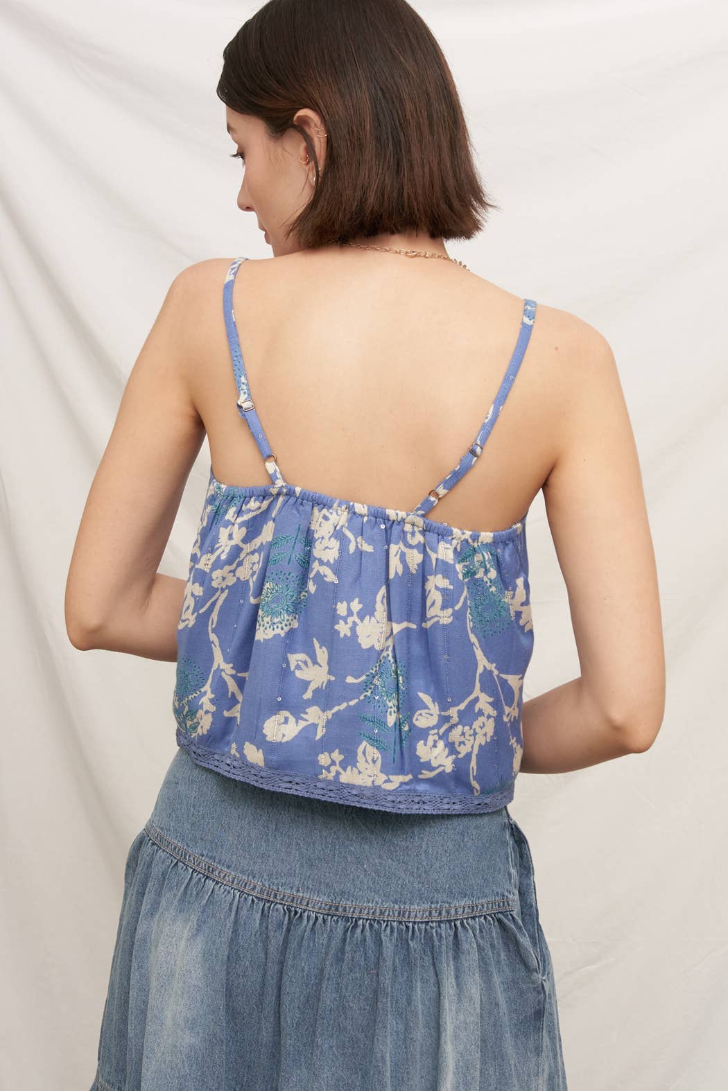 Printed Cami Top with Lace Trim and Sequin Detail