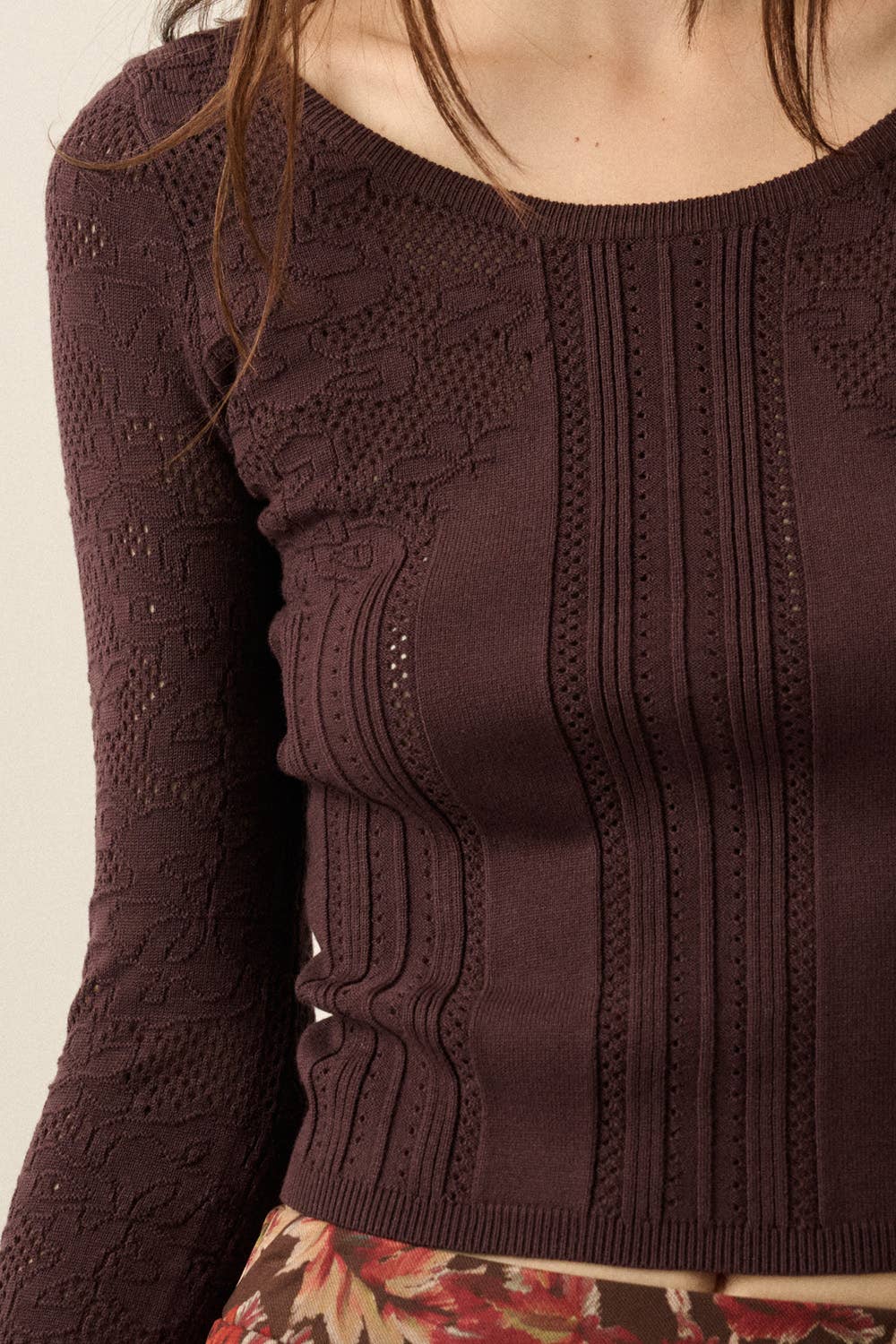 Floral Pointelle and Ribbed Knit Fitted Long-Sleeve Top: Chocolate / L