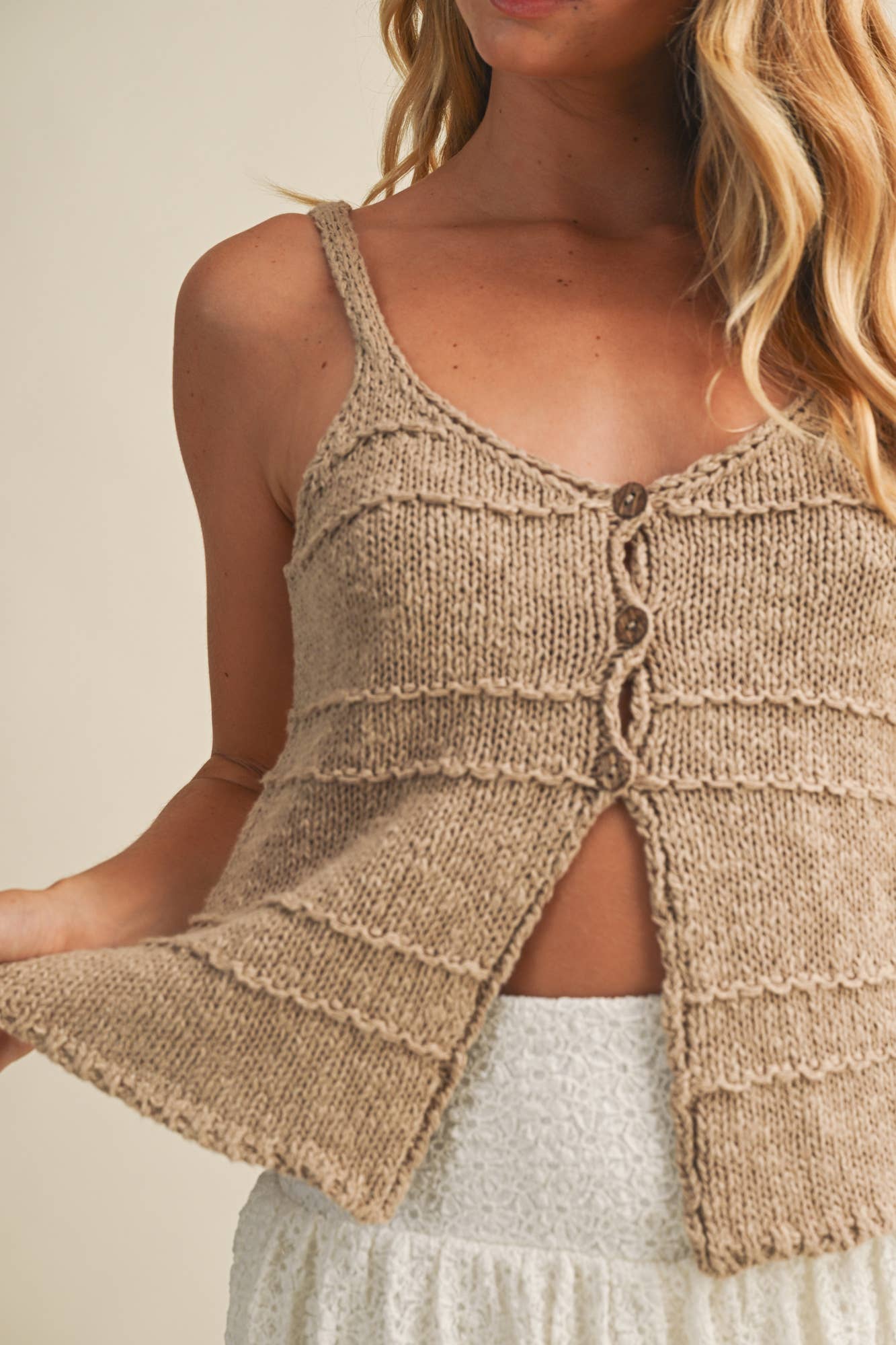 Tiered Textured Button-Front Sweater Knit Cami