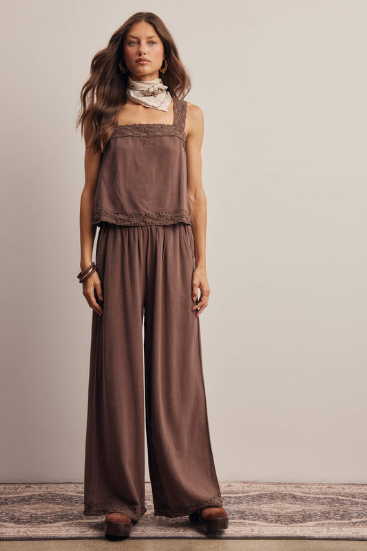 Embroidered Linen Blend Chocolate Pants