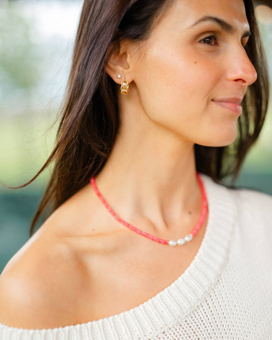 Sunset Pink Freshwater Pearl Beaded Necklace Gold Filled