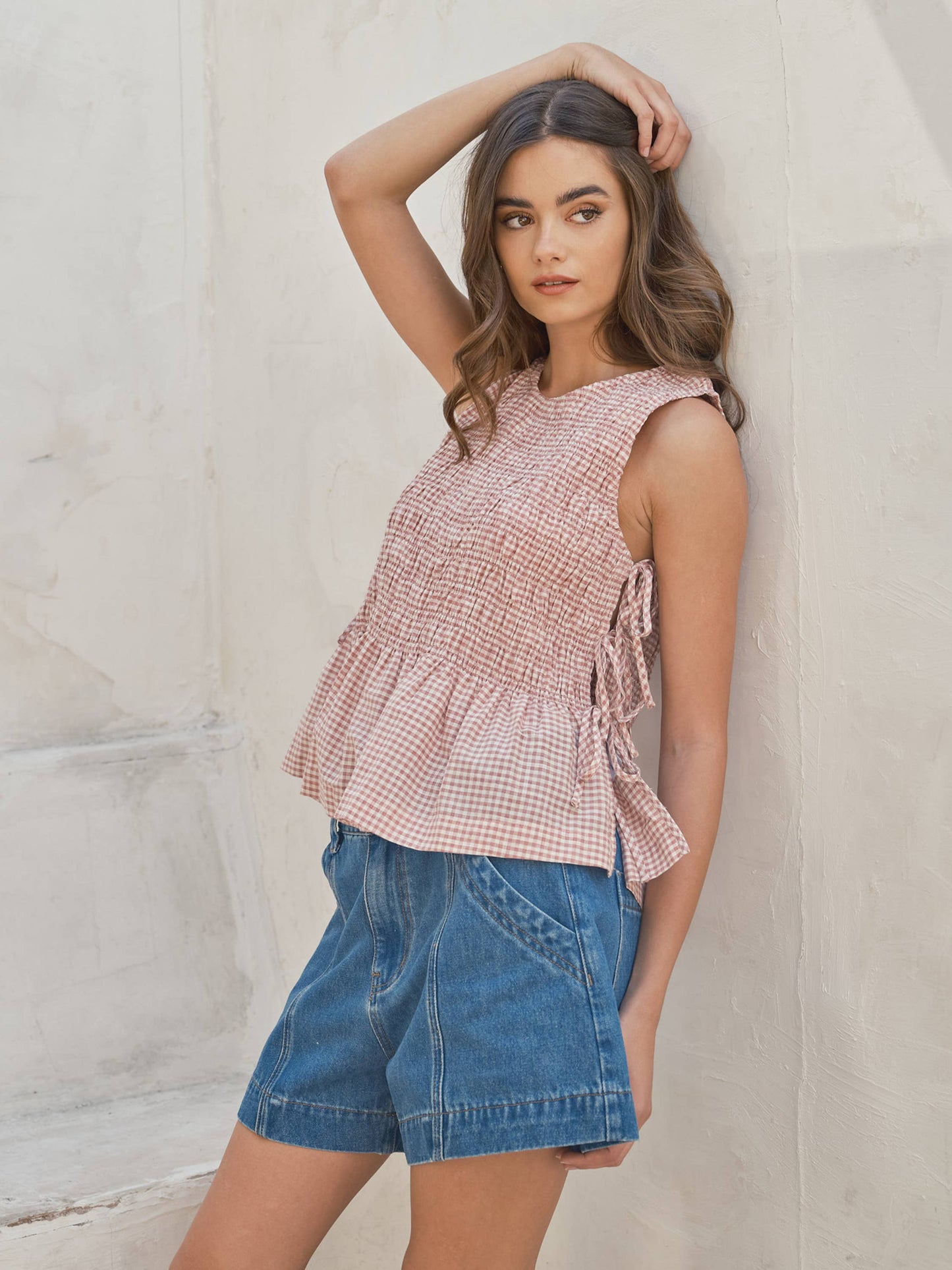 Sleeveless Denim Smocked Tie Top
