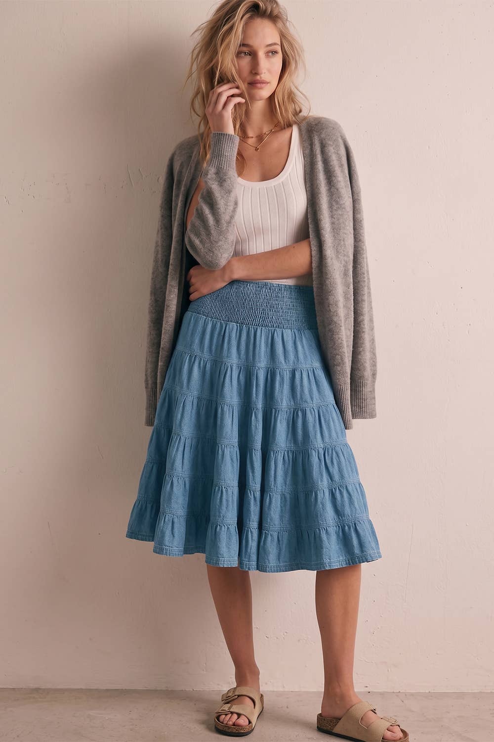Denim Smocked Waist Tiered Midi Skirt