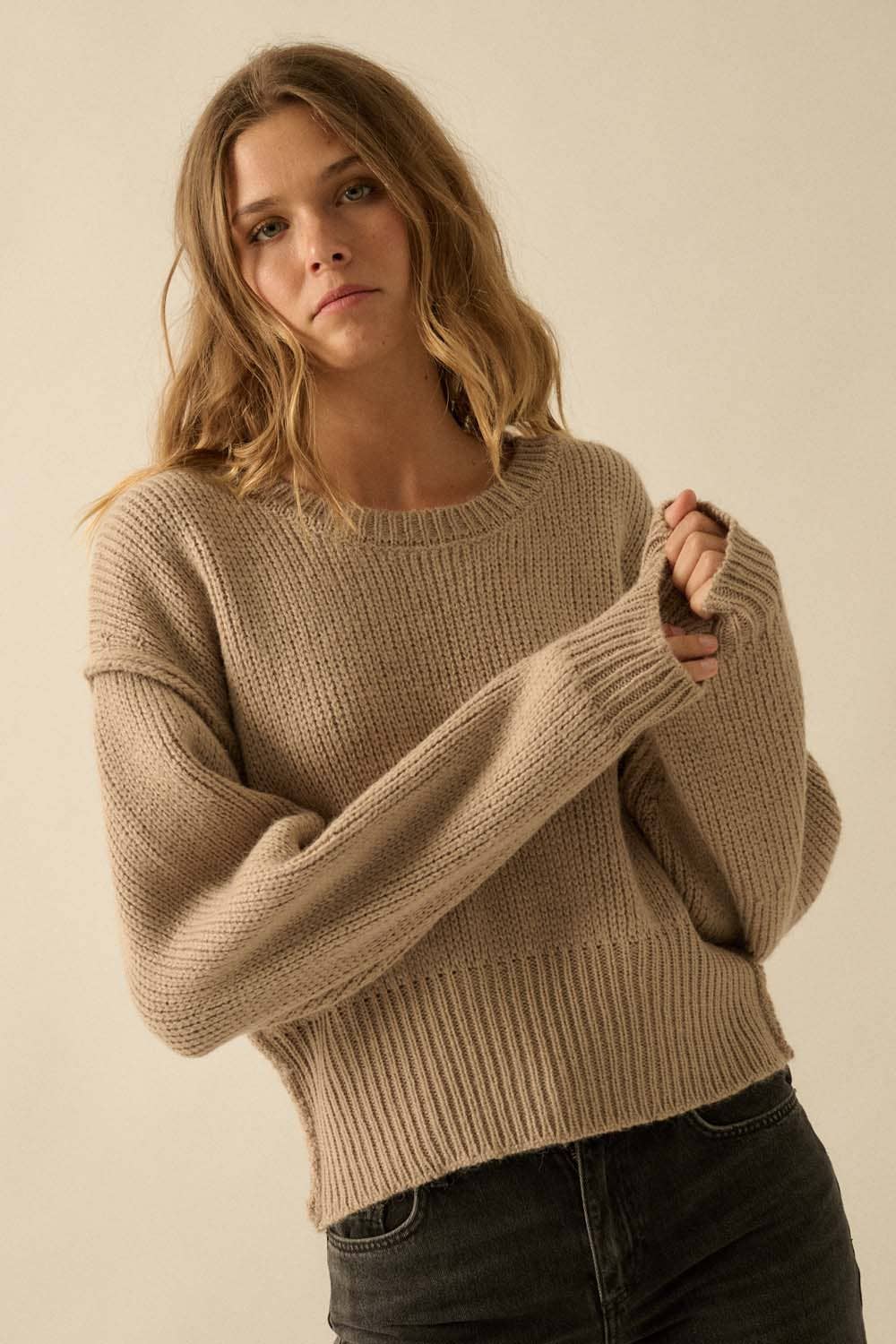 Exposed-Seam Funnel-Neck Sweater