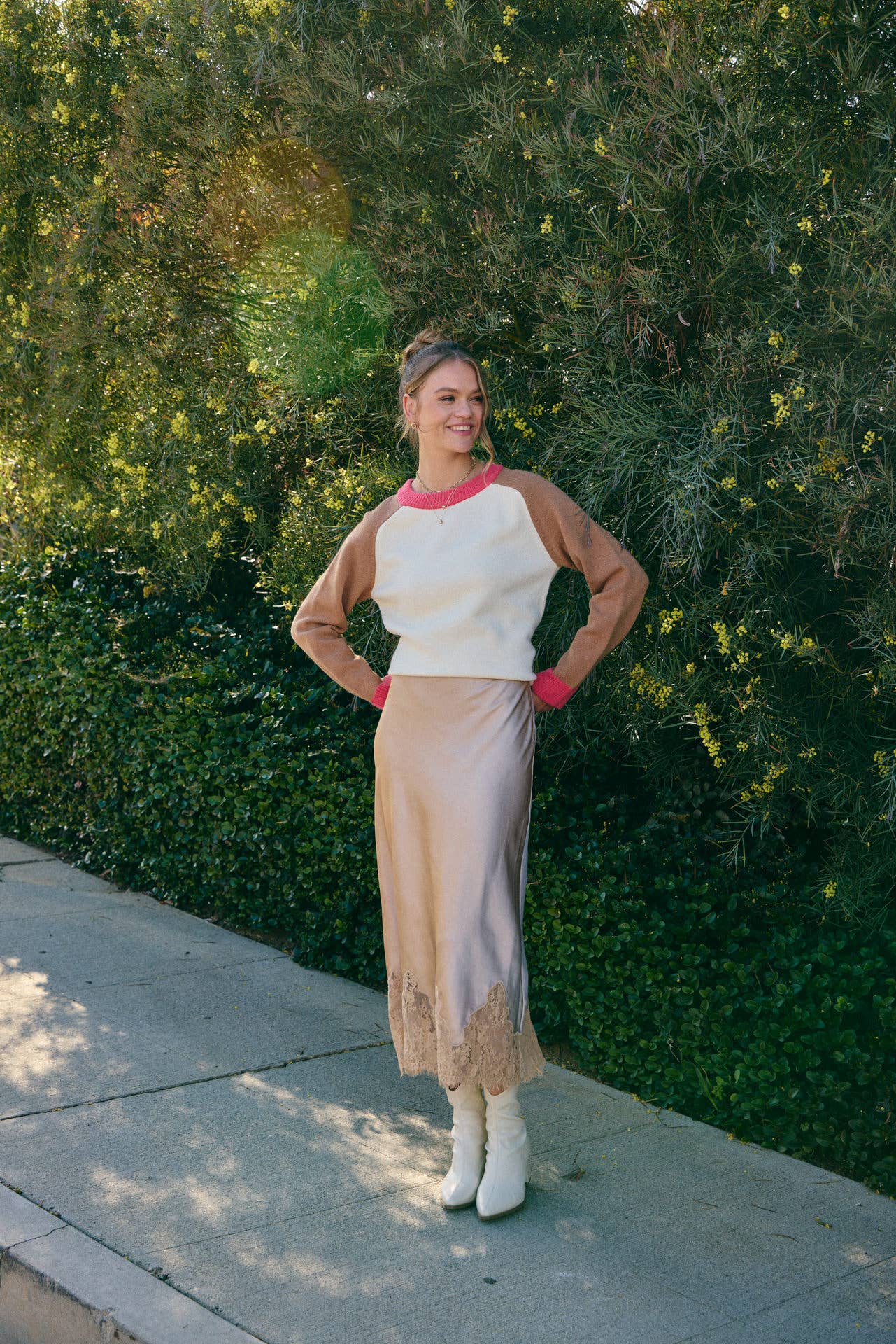 Elegant French Lace Satin Midi Skirt
