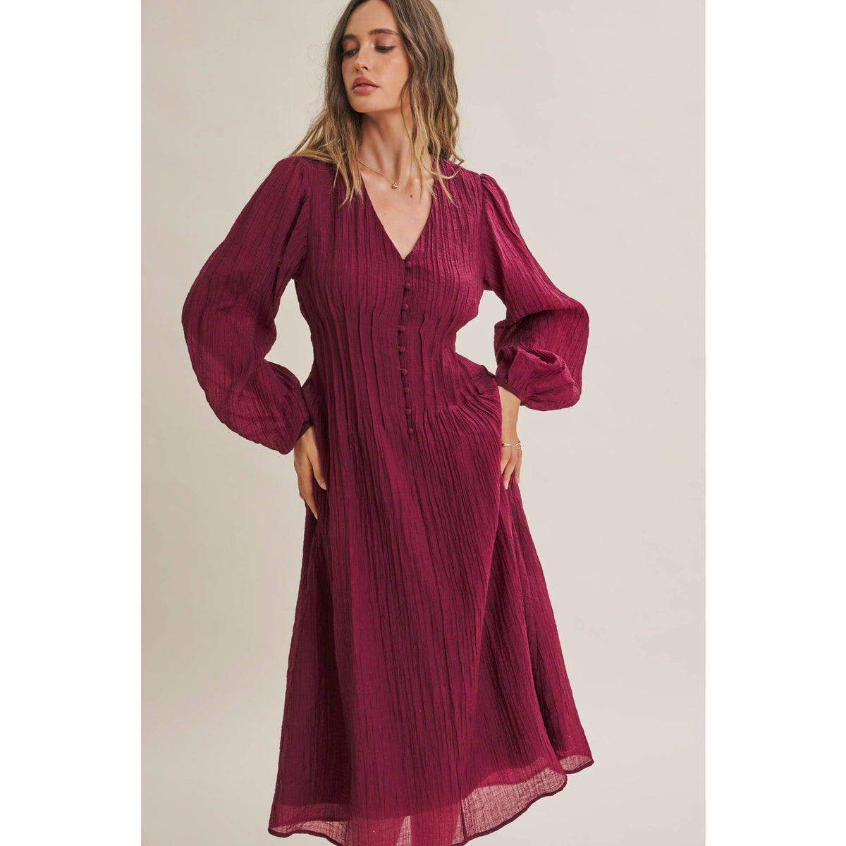 Crimson Crinckle Pintuck Dress