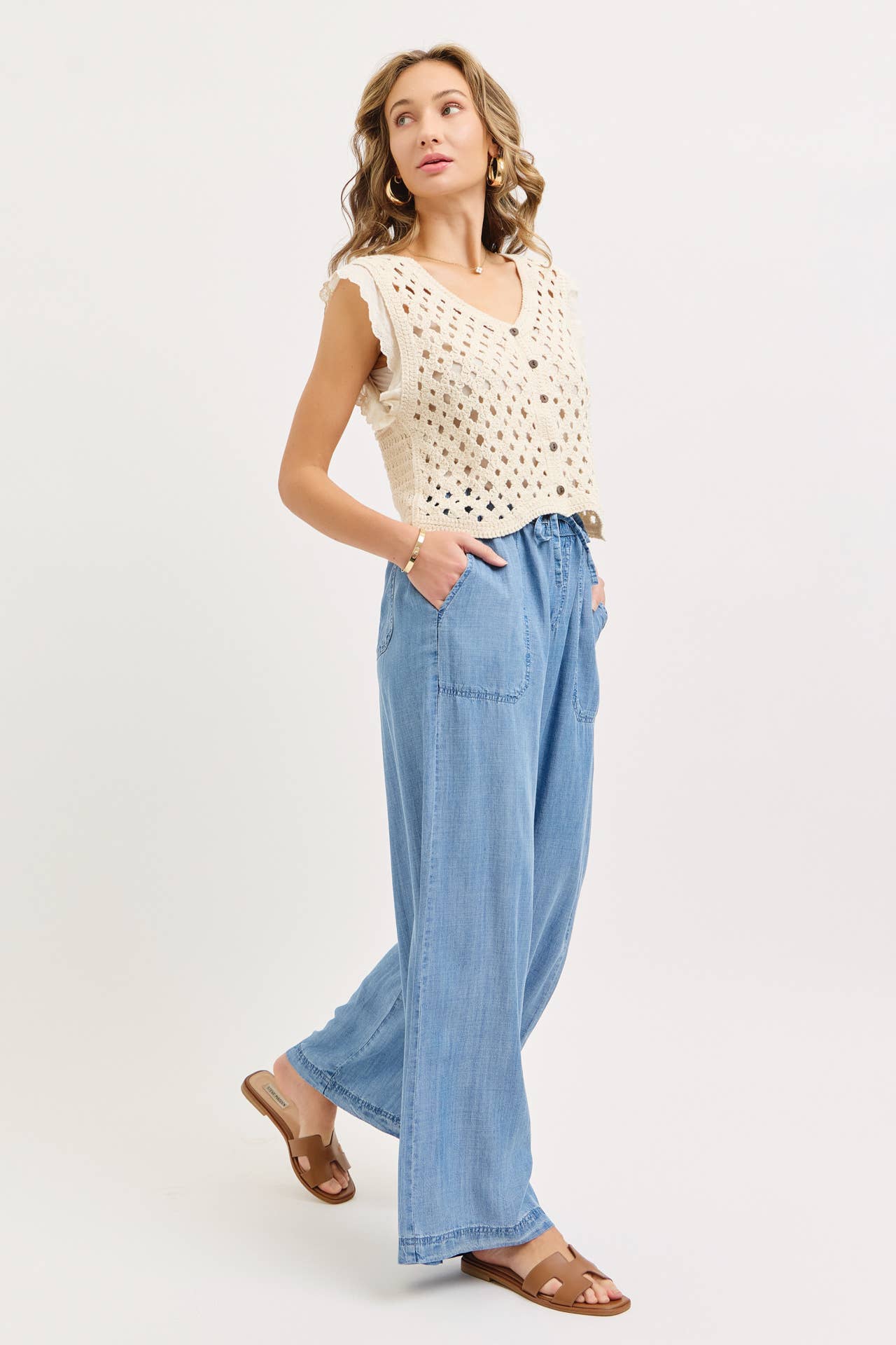 Chambray Wide Leg Classic Pants