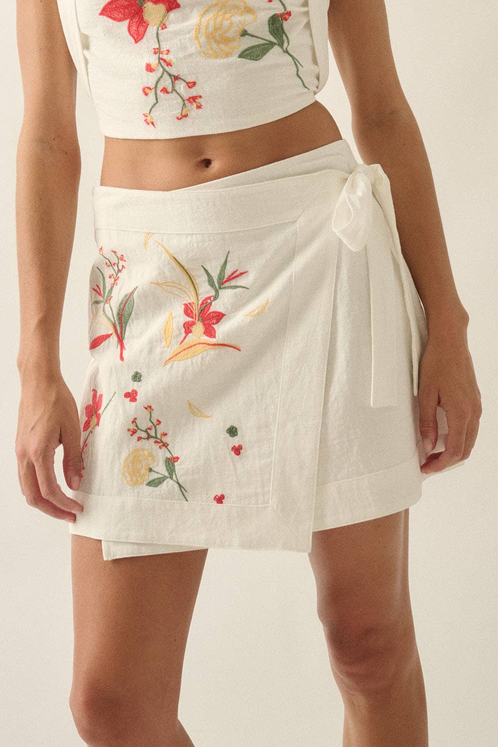 Floral-Embroidered Cotton Wrap Mini Skirt 